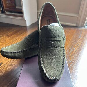 Johnston & Murphy Athens Penny Loafer Driving Mock, 11.5M Olive Green Suede